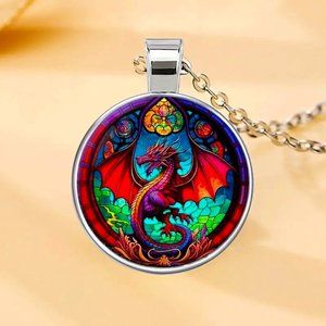 Silver Colorful DRAGON Glass Cabochon Pendant Necklace